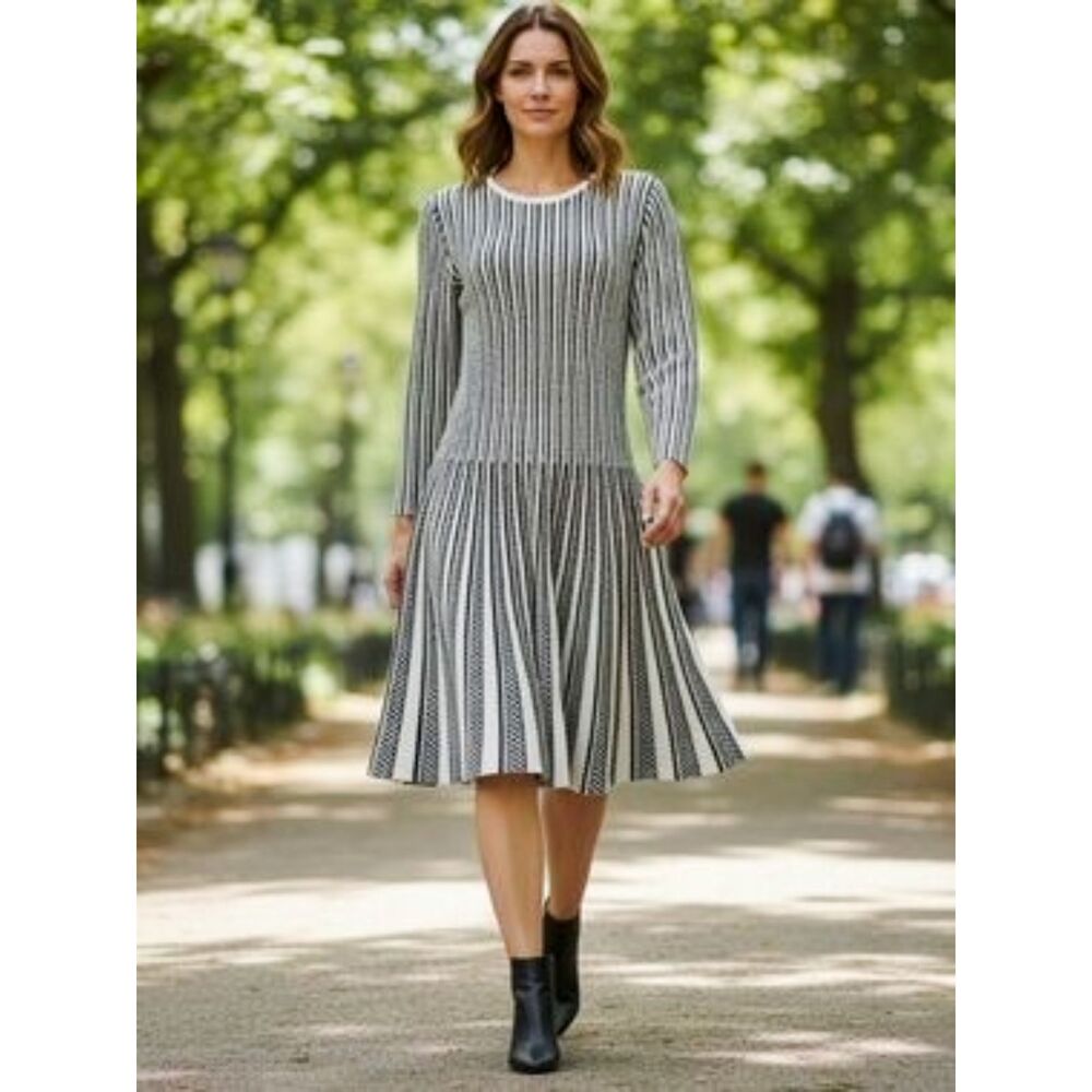 Gianni Bini Knit Fit and Flare Dress Black White Vertical Stripe 3/4 Sleeve XS